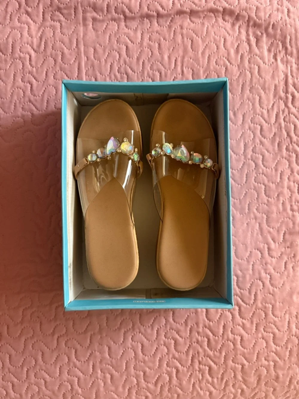 Tan Wedge Sandals with Iridescent Gem Accents